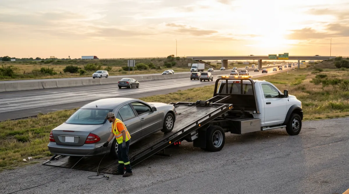 Flatbed tow truck loading a silver sedan onto its bed on a Texas highway shoulder at sunset